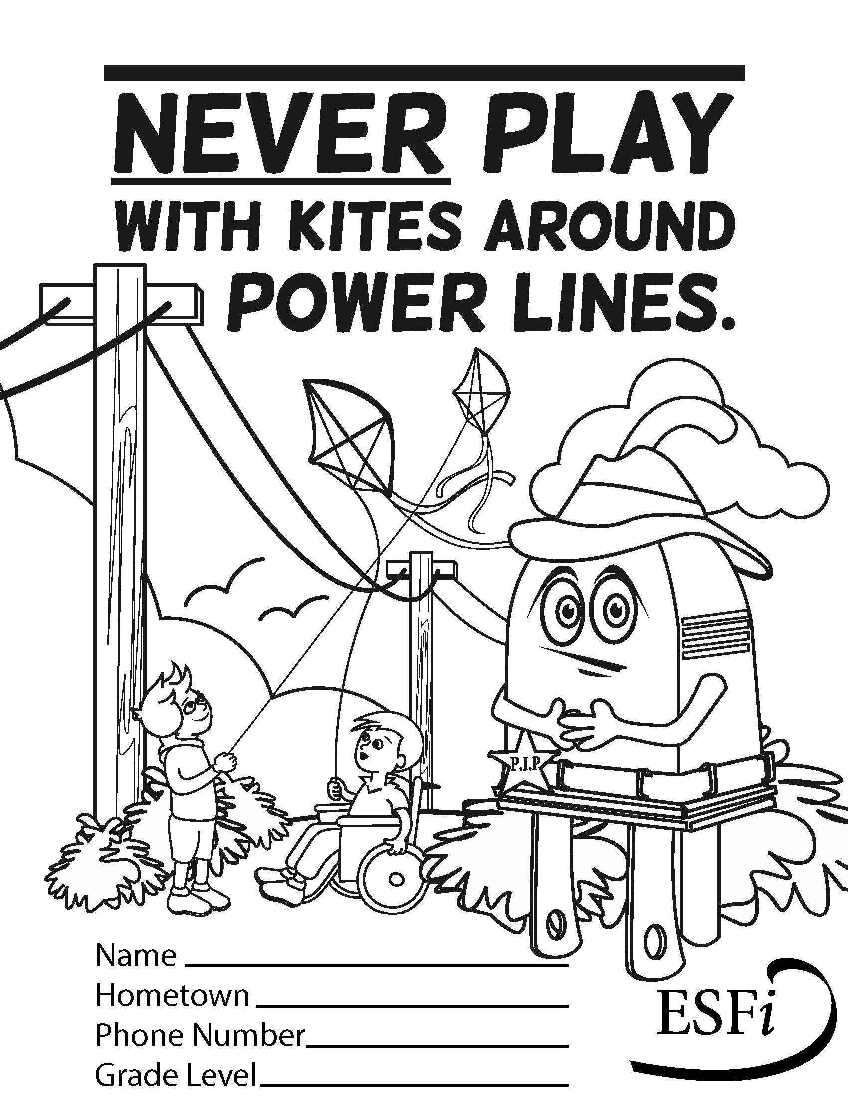 Coloring sheet with "Never Play with kites around power lines" and picture of kids flying kites.