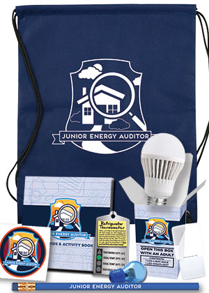 Junior Energy Auditor kit with booklet, sticker, pencil, nightlight, sharpener and thermometer in bag
